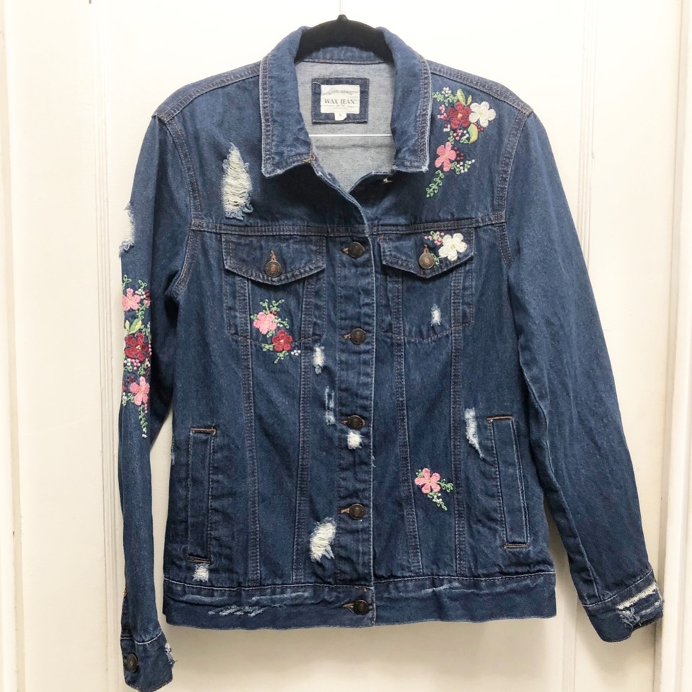 Wax Embroidered & Distressed Jean Jacket